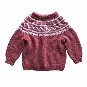 Girls Hand Knit Dusty Rose White Fairisle Sweater
